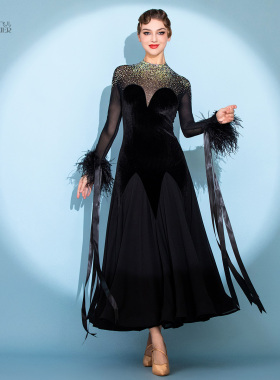 耀黑女王!摩登舞裙丝绒羽毛S7106国标舞连衣裙华尔兹镶钻交谊舞服