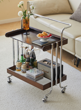 中古小推车复古实木客厅沙发边几可移动茶几餐边柜金属置物架收纳