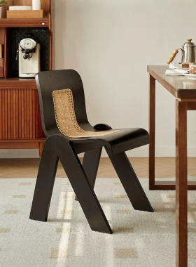 设计师C椅餐桌餐椅中古风藤编复古实木椅子卧室靠背椅家用化妆椅