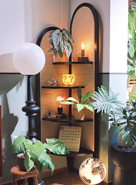 藤编转角置物架墙角落地客厅陈列收纳屏风中古书架实木三角置物柜