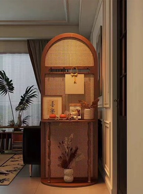 实木玄关柜入户正对门中古风壁炉装饰柜客厅藤编屏风隔断柜置物架