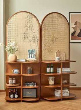 复古藤编屏风卧室床头客厅玄关中法式沙发入户隔断移动置物书架柜