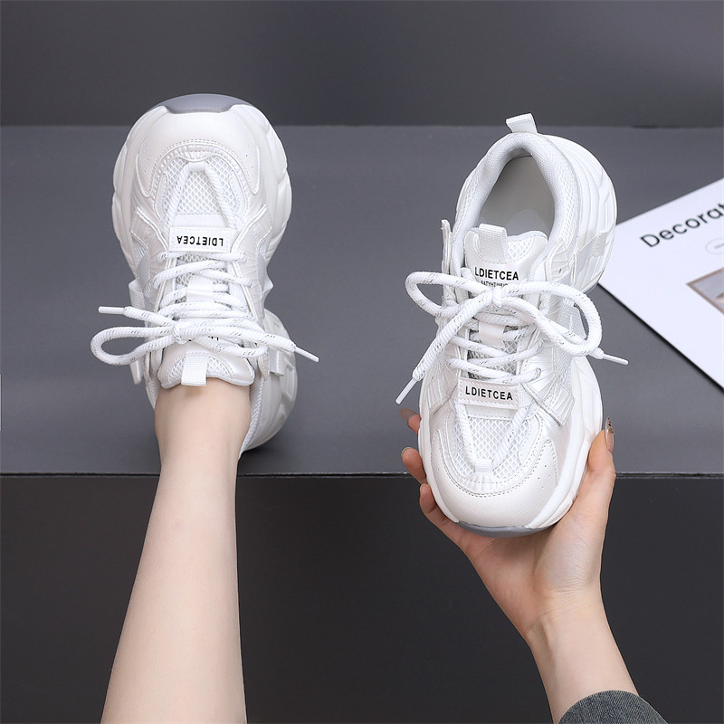 白色厚底网面老爹鞋女透气软底