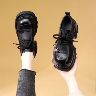 真皮软底百搭系带小皮鞋 春季 女2026新款 英伦风高跟厚底7CM乐福鞋