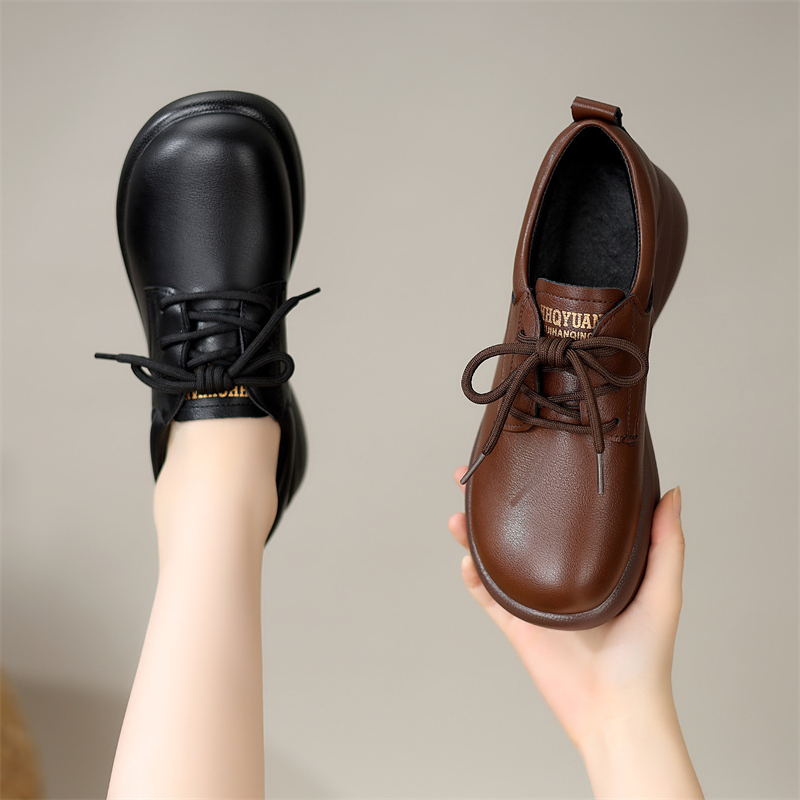 真皮厚底小皮鞋女系带软底单鞋