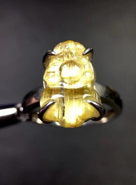 保真纯天然水晶钛晶貔貅戒指金发晶貔貅戒指貔貅戒指钛晶貔貅925