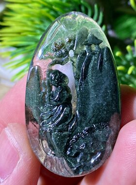 保真老矿天然水晶绿幽灵吊坠精工雕刻水晶挂件诗人李白颈饰古人