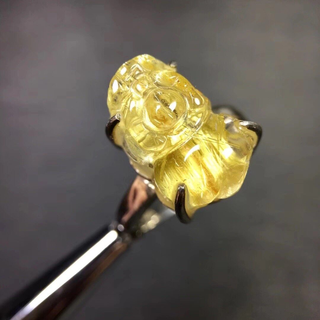 保真纯天然水晶钛晶貔貅戒指金发晶貔貅戒指貔貅戒指钛晶貔貅925