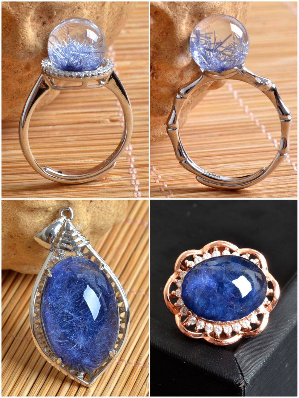 宝石蓝老矿 原色全净体收藏品天然水晶蓝发晶戒面戒指发晶花蛋面