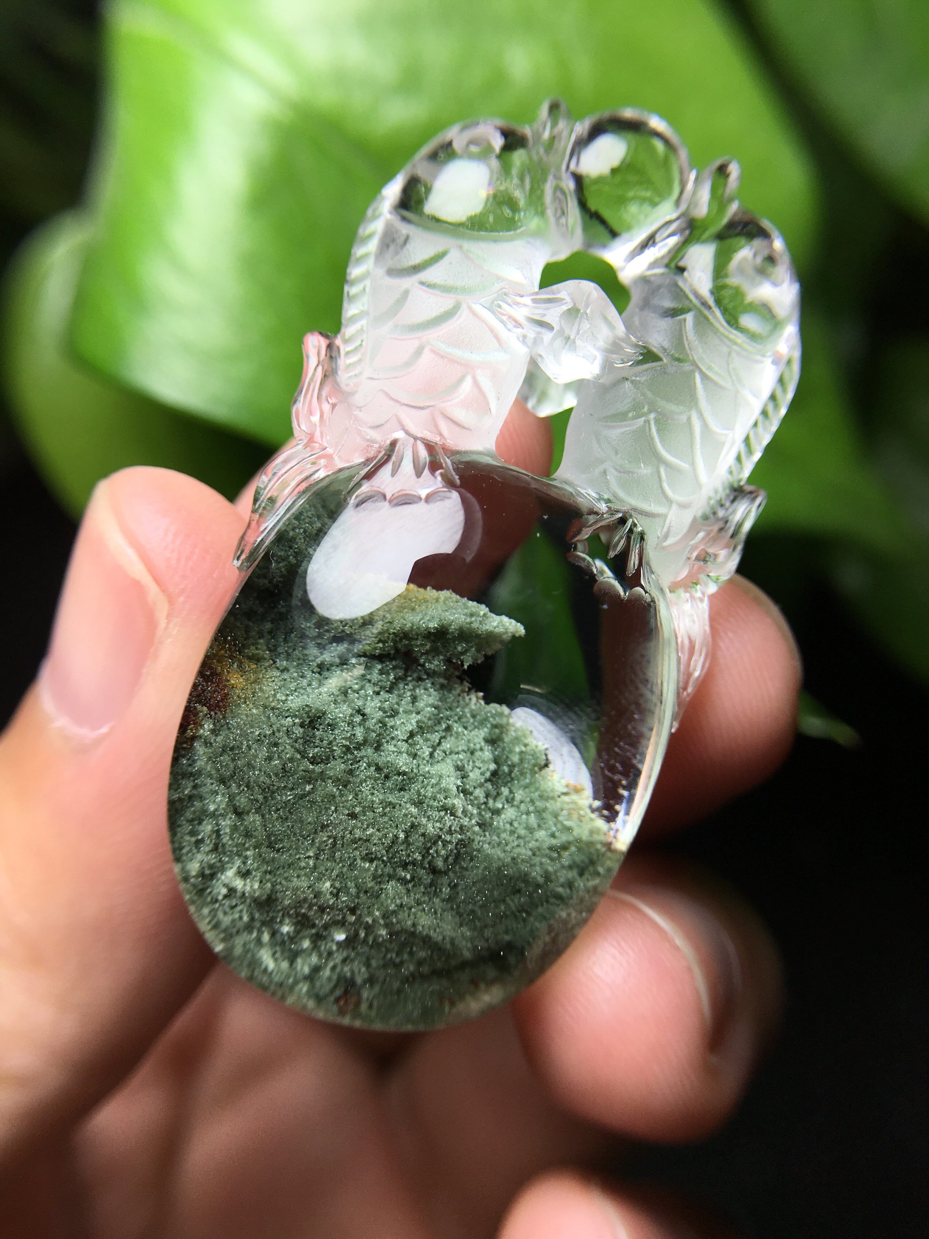 全净体天然水晶巴西绿幽灵聚宝盆双鱼吊坠年年有余金玉满堂项坠