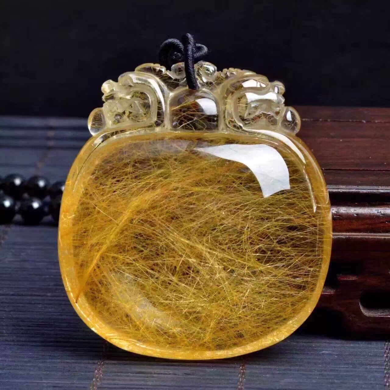 苏工天然水晶金发晶钛晶双面精雕双貔貅大吊坠项坠可做小摆件招财