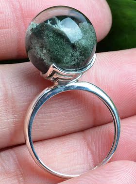 天然水晶绿幽灵聚宝盆戒指 925银托活口 转运招财16mm