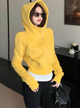 加绒加厚连帽拉链卫衣外套女秋冬款露露修身短款运动上衣