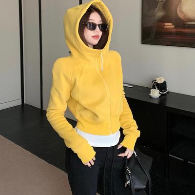 加绒加厚连帽拉链卫衣外套女秋冬款露露修身短款运动上衣