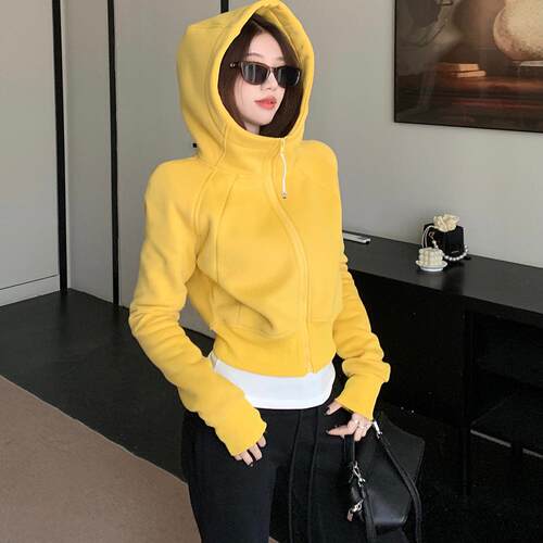 加绒加厚连帽拉链卫衣外套女秋冬款露露修身短款运动上衣