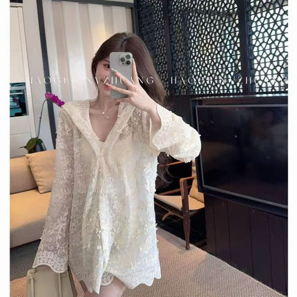 法式重工立体蕾丝刺绣长袖衬衫女秋季高级感镂空连帽防晒外套