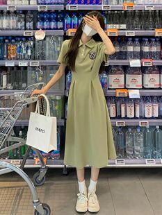 学院风高级收腰显瘦长裙 2023新款 茶歇法式 绿色polo连衣裙子女夏季