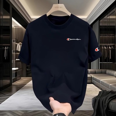 奥特莱斯冠军刺绣纯棉100%短袖T恤男士宽松休闲百搭上衣情侣半袖