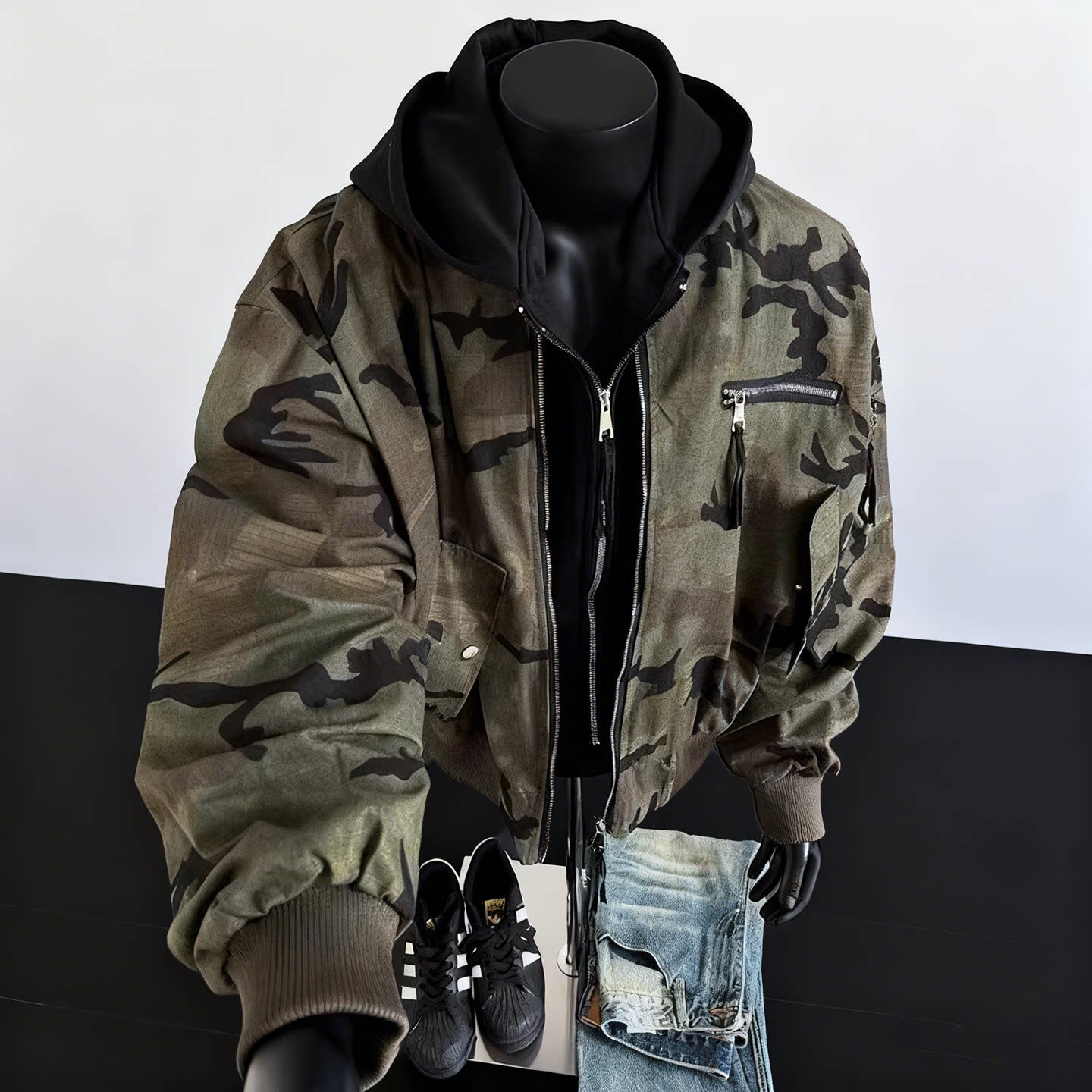 美式复古假两件迷彩棉衣外套男款秋冬短款廓形保暖棉服飞行员夹克