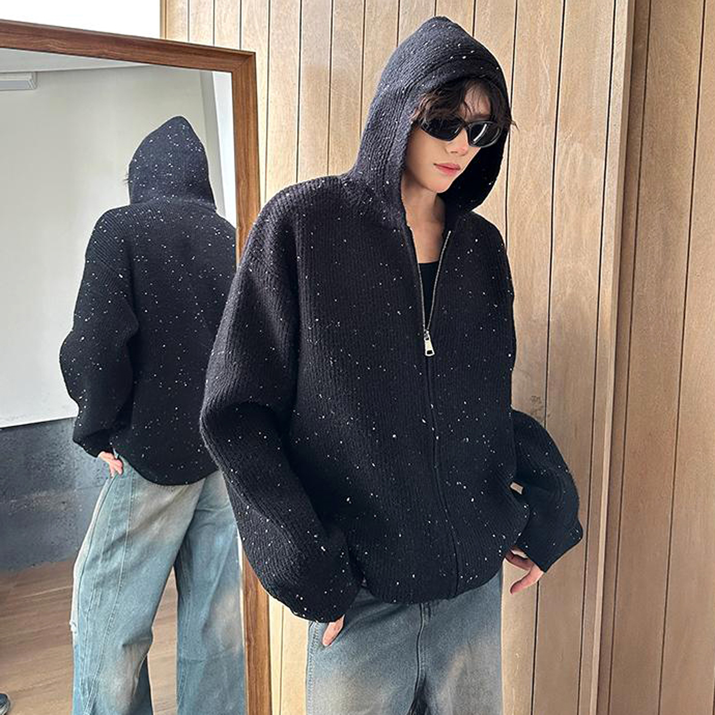 满天星连帽拉链毛衣开衫男