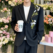 外套男订婚新郎结婚影楼拍摄国风西服套装 新中式 茶花刺绣西装 男潮