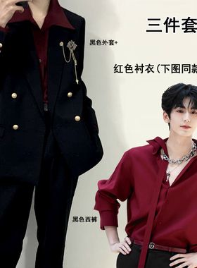 原创设计JKDK制服红色双排扣西服禁欲系外套小众翻领衬衫成男西装