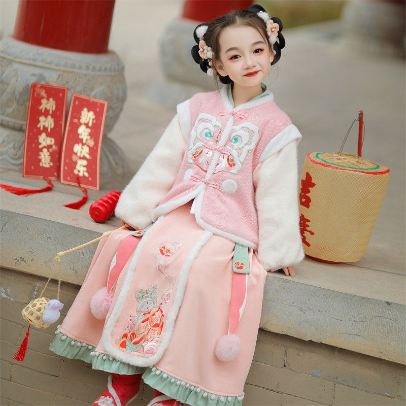 汉服女童冬装宝宝加厚中国风套装小女孩古装过年唐装拜年服新年装