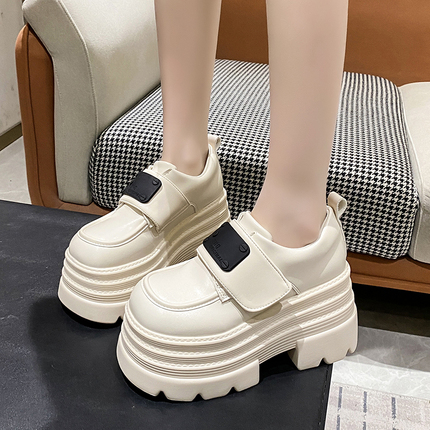 2026 Spring New Korean Style Velcro Leather Shoes for Women, Thick-Soled Platform Loafers for Petite Women, 10cm Height Increase