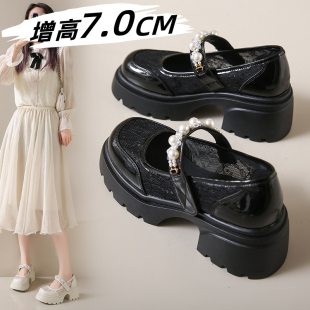 透气配裙子浅口玛丽珍女鞋 小个子增高厚底单鞋 女粗跟蕾丝网面夏季