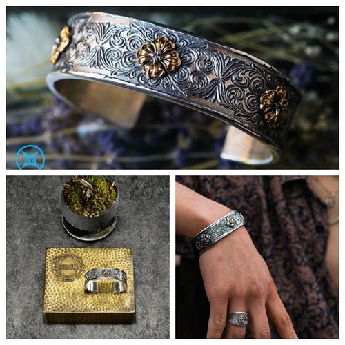 HorizonBlue复古925银18k金手镯