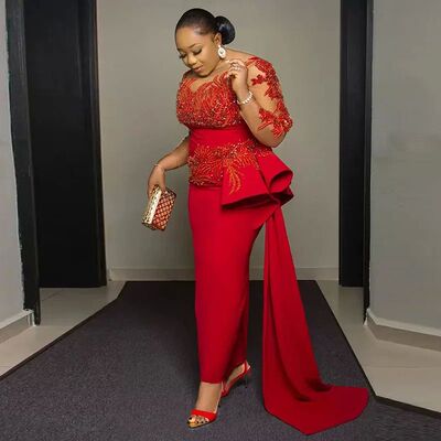 Plus Size  Aso Ebi Prom Dresses Red Lace Appliques Sheer Lon
