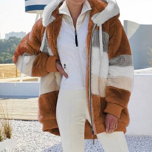 Zipper Outwear Ladies Elegant Loose Fleece Hooded Coat Jacke