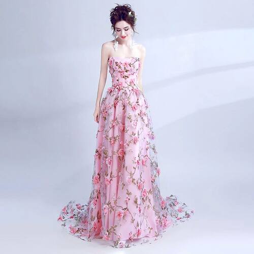 Beautiful pink evening dress off-shoulder Strapless A-line d