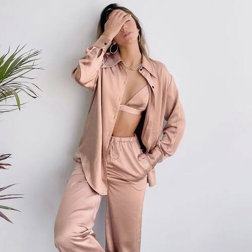 Restve Casual Pajamas For Women 3 Piece Set Turn Down Collar