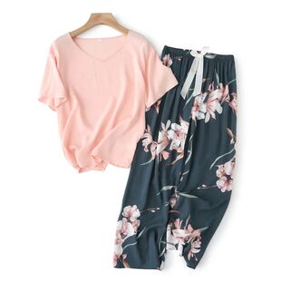 Breathable 2PCS Pajama Short Sleeve Printed Pijama Mujer Fem