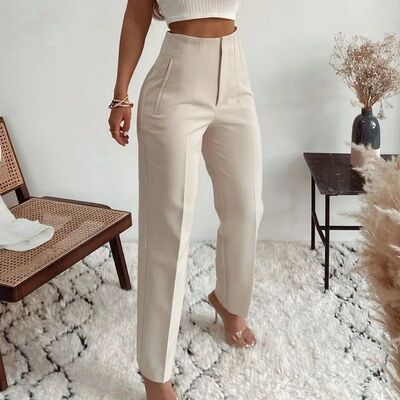 Ardm Fashion High Waisted Casual White Trousers Women Brown