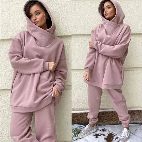 Women Tracksuit Autumn Winter Solid Fleece Warm Long Sleeve