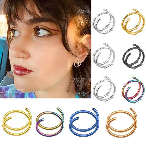 1 Pair Stainless Steel Double Nose Hoop Ring Silver Color He