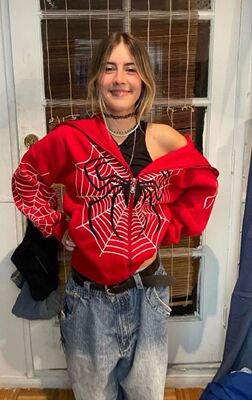 Spider web Red hoodie sweatshirt zipper warm Harajuku punk g