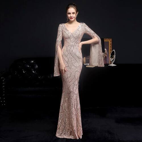 YIDINGZS Elegant Party Maxi Dress Gold Sequin Evening Dress