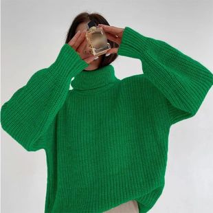Turtleneck Oversized Women Knit Winter Sweaters Green