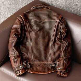 Men Genuine Leather Jacket Vintage Brown 100% Cowhide Coat M