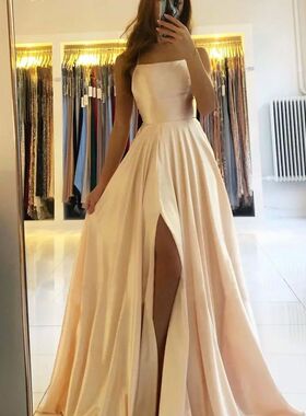 FATAPAESE Prom Dress Spandex satin Slit Side Dress A-LINE Sc