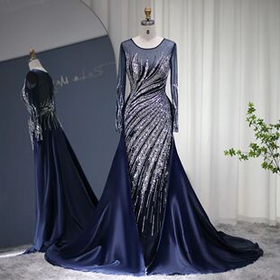 Sharon Said Elegant Navy Blue Mermaid Evening Dresses Luxur