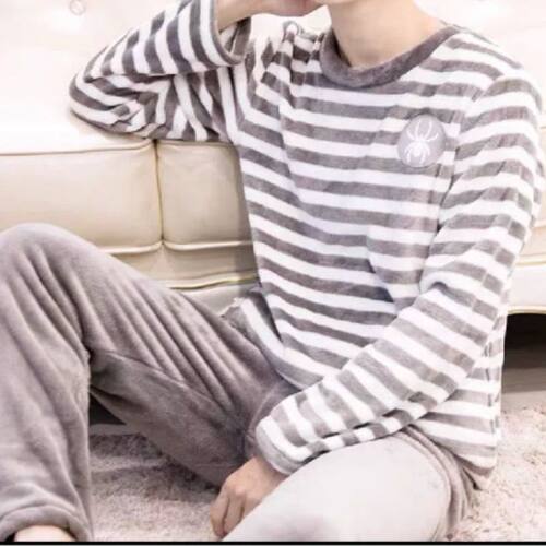 Long Sleeve Thick Warm Flannel Pajama Sets for Men Coral Vel