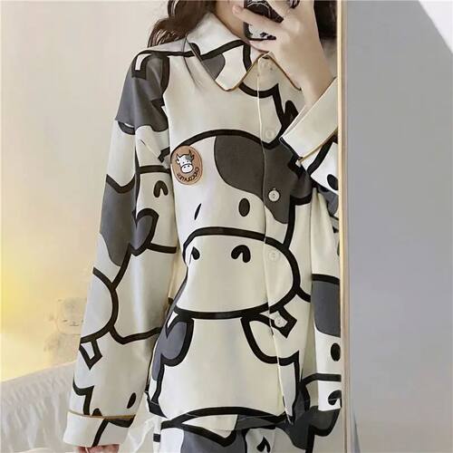 QWEEK Cow Print Women's Pajamas Home Clothes Cute Autumn Win