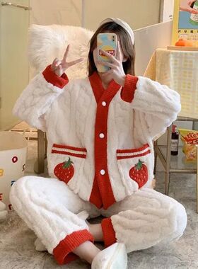 Autumn Winter Flannel Warm Pajamas Set Women Long Sleeve Hom