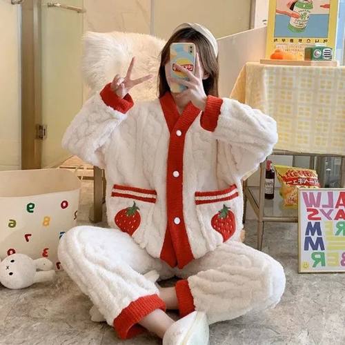 Autumn Winter Flannel Warm Pajamas Set Women Long Sleeve Hom