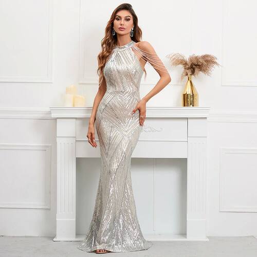 YIDINGZS Elegant Off Shoulder Silver Sequin Evening Dress Wo