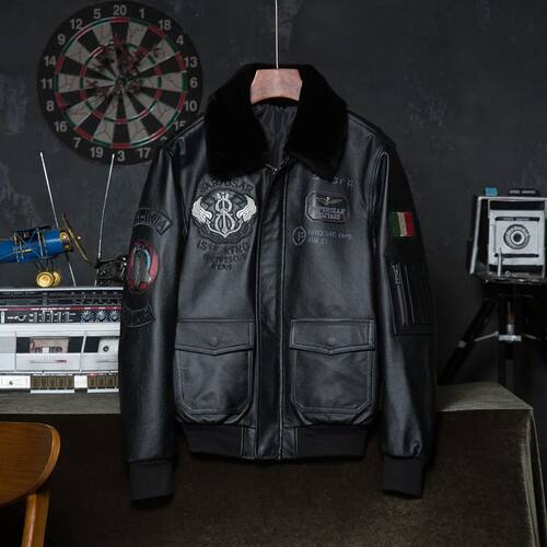 Embroidery Men Leather Jacket 100% Cowhide Fur Collar Flight